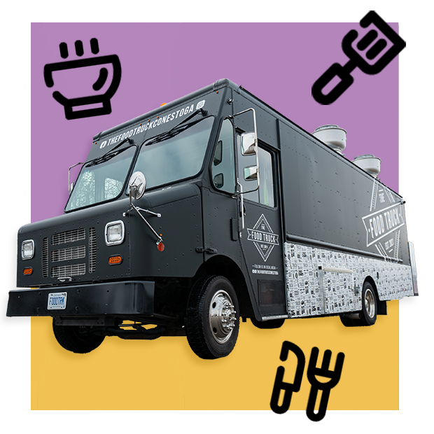 A black color van with food truck signs on it