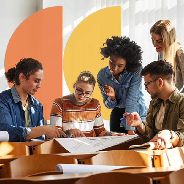 Four people collaborating with each other